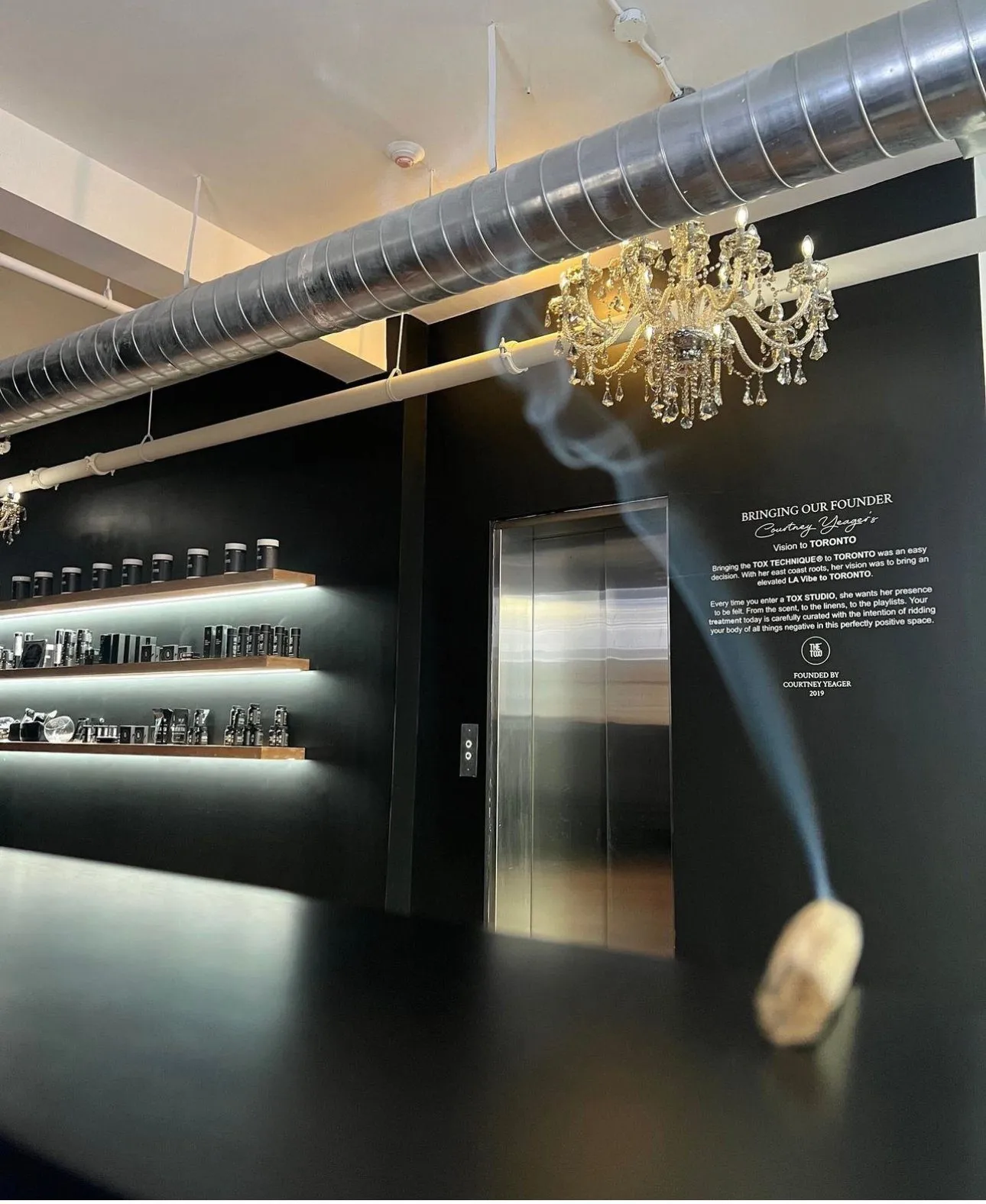 The Tox studio interior with chandelier